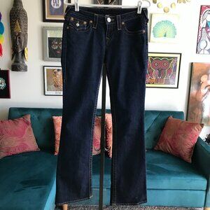 TRUE RELIGION size 28 Stretch Indigo Denim Low Rise Boot Cut Jeans Flap Pockets